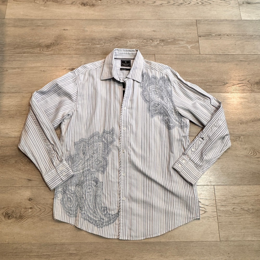 Marc Ecko Cut & Sew Mens Size Large‎ L Striped Paisley Button Down Dress Shirt